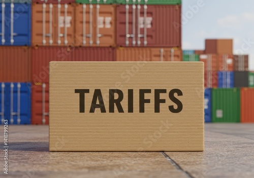 Wooden block with tariffs text near shipping containers stacked against a light blue sky backdrop view