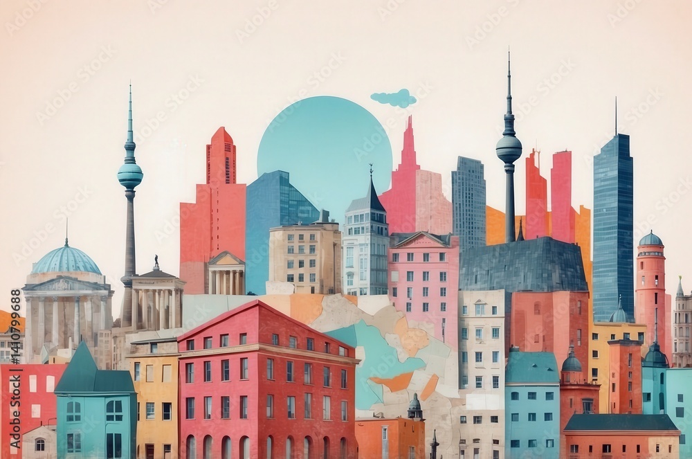 Urban skyline featuring colorful buildings and iconic structures during a clear day in a modern city Urban skyline featuring colorful buildings and iconic structures during a clear day in a modern city