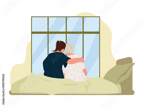 An elderly woman receiving compassionate home care from a caregiver in a cozy environment. Represents trust, support, and dignity in elderly healthcare and daily assistance.