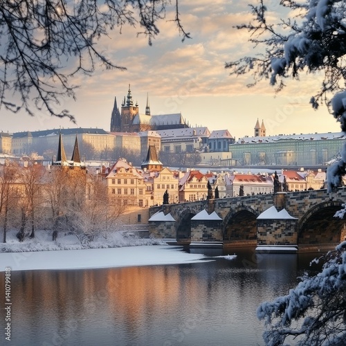 Gothic Prague Castle & Charles Bridge scene.