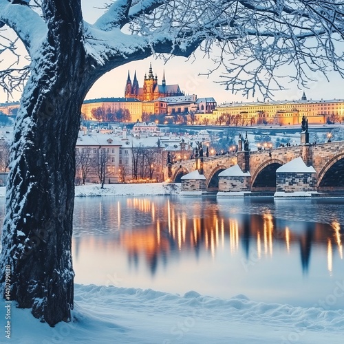 Winter Prague: Gothic castle & Charles Bridge view.