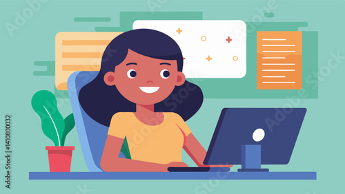 A girl leans back in her chair thoroughly pleased with herself after finishing her coding homework assignment ahead of time.. Vector illustration