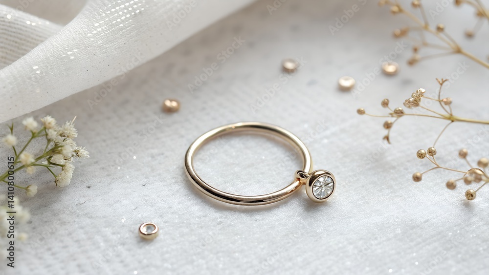 Beautiful golden ring with diamond charm placed on delicate fabric surrounded by small decorative elements in a serene environment Generative AI gold, ring, diamond, charm, jewelry, Beautiful golden ring with diamond charm placed on delicate fabric surrounded by small decorative elements in a serene environment Generative AI gold, ring, diamond, charm, jewelry,