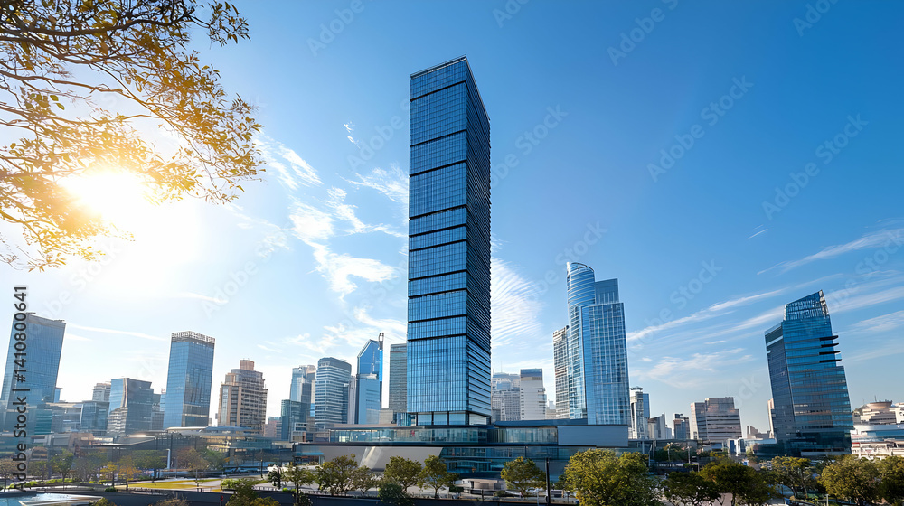 Fototapeta premium Modern Skyscraper Cityscape With Sunny Day