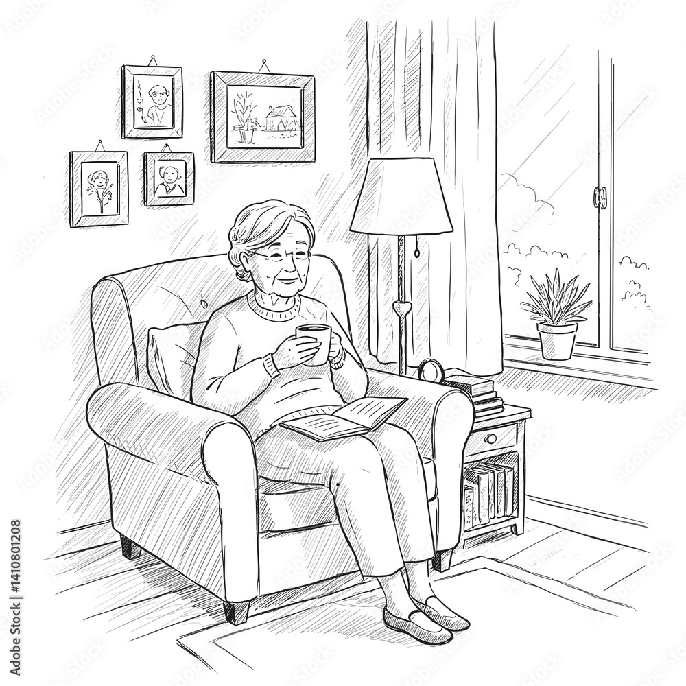 Elderly woman enjoying tea while reading a book in a cozy room Elderly woman enjoying tea while reading a book in a cozy room