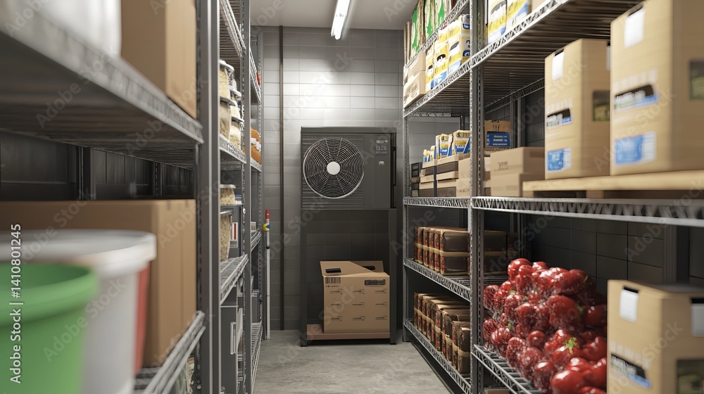 A 3D model shows industrial refrigeration equipment: a walk-in freezer with shelves stocked with boxes and a visible internal fan. Ideal for frozen food storage in restaurants.