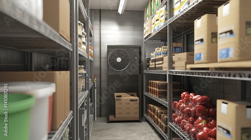 Obraz na płótnie A 3D model shows industrial refrigeration equipment: a walk-in freezer with shelves stocked with boxes and a visible internal fan. Ideal for frozen food storage in restaurants.
w salonie