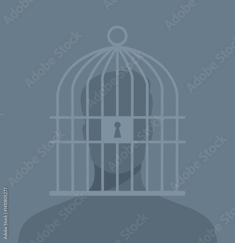 Human silhouette with a cage on his head, monochrome gray vector illustration in flat style