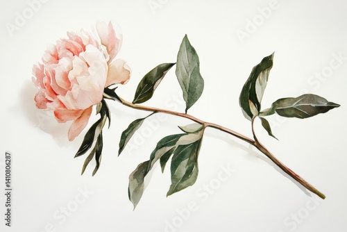 Delicate pale pink peony with elegant leaves.