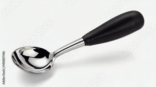 A stainless steel ice cream scoop with a black handle, designed for serving ice cream easily.
