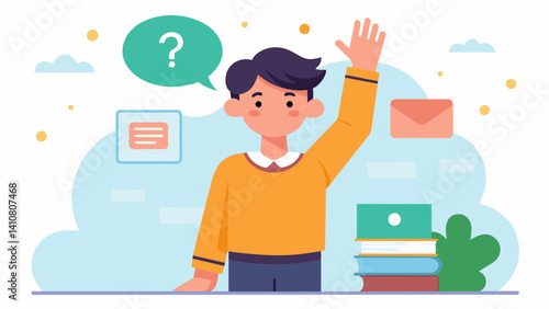 A student excitedly raises their hand to ask a question about understanding cloud storage and sharing.. Vector illustration