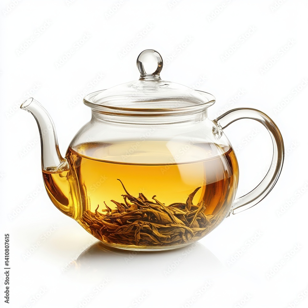 Glass teapot with tea leaves inside on white background Glass teapot with tea leaves inside on white background