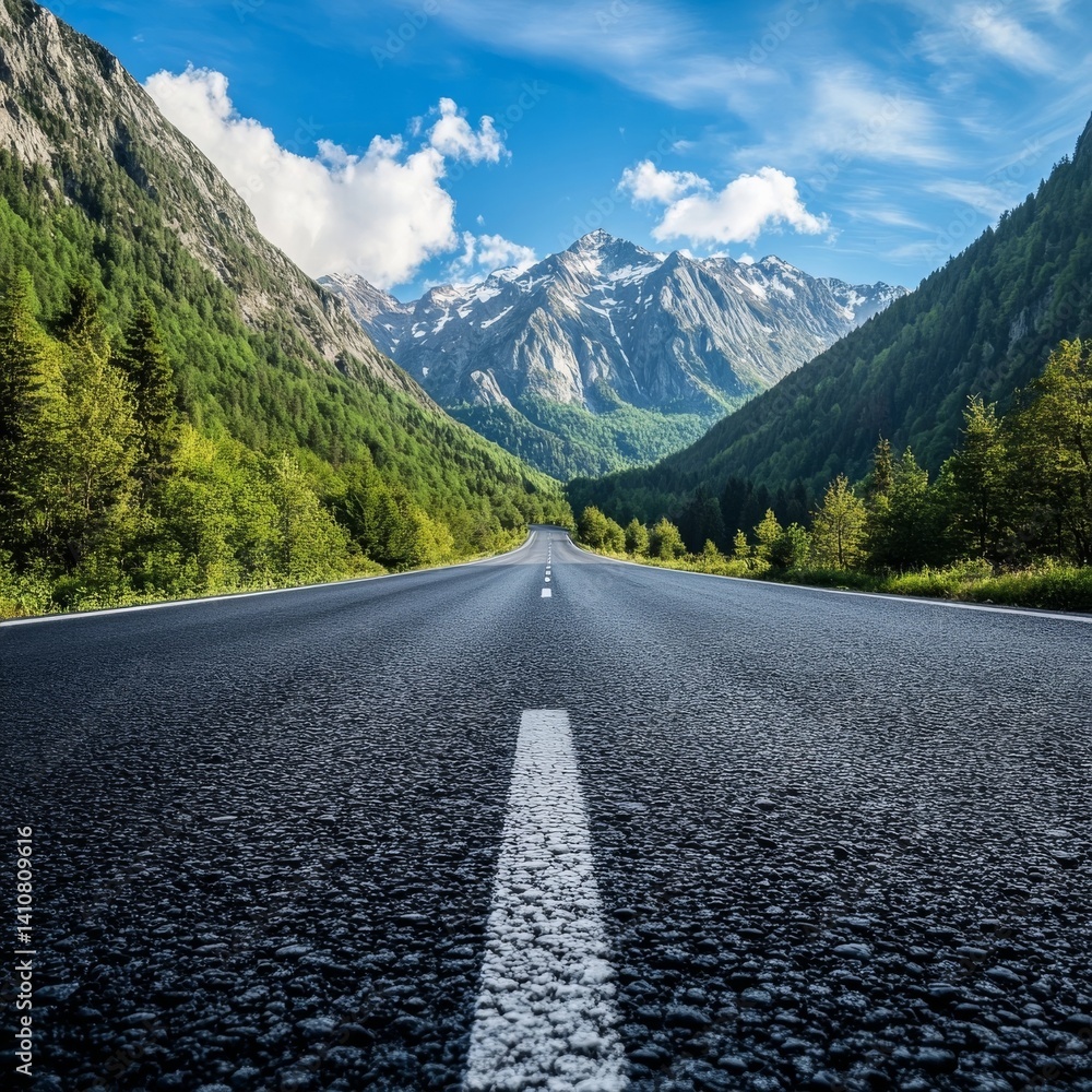 Fototapeta premium Blue sky over asphalt road, mountain view.