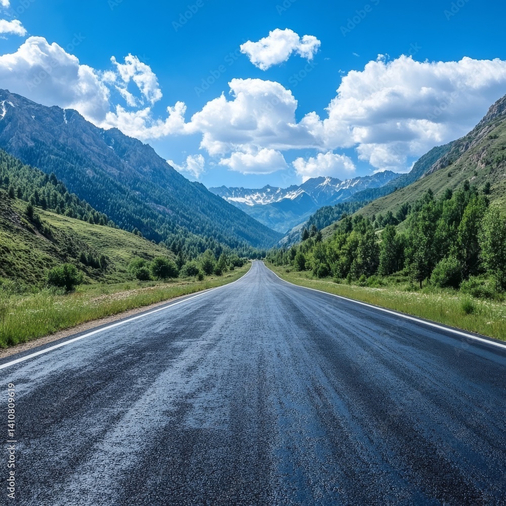 Fototapeta premium Road, mountains, blue sky.