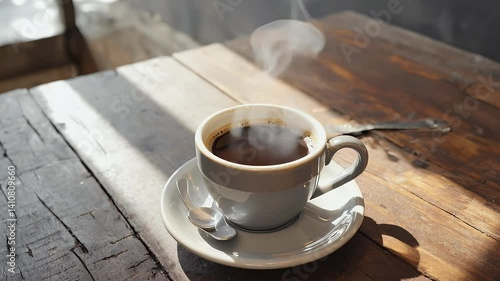 A steaming cup of coffee on a wooden table, inviting warmth and comfort.