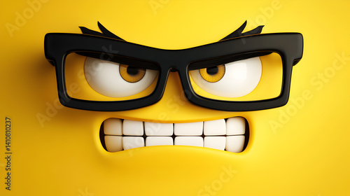 A cartoon face with angry eyes and glasses