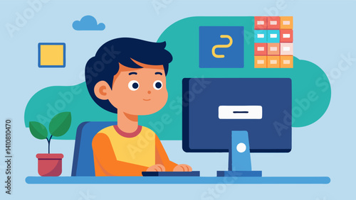 A child staring intently at their Python code focused on finding a solution to a complex problem.. Vector illustration