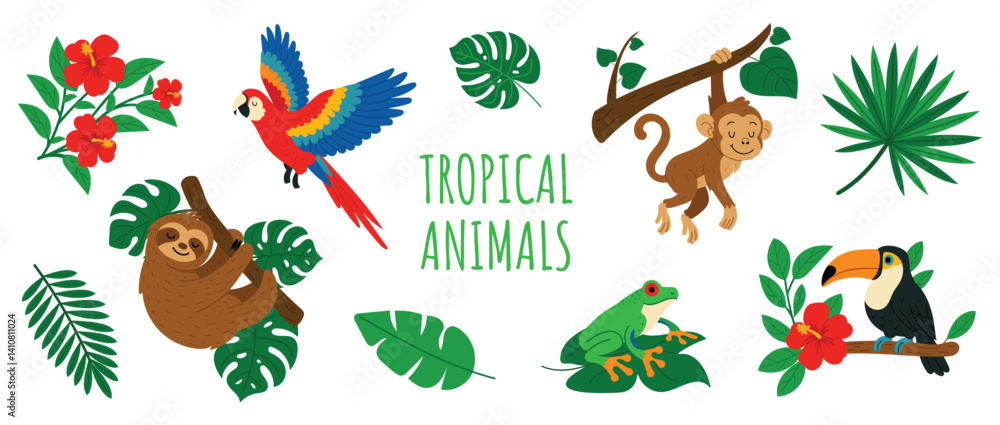 Obraz premium Set of cute tropical animals and jungle leaves. Cartoon sloth, parrot, monkey, toucan and frog with exotic plants and flowers. Flat vector illustration for kids, cards and decor.