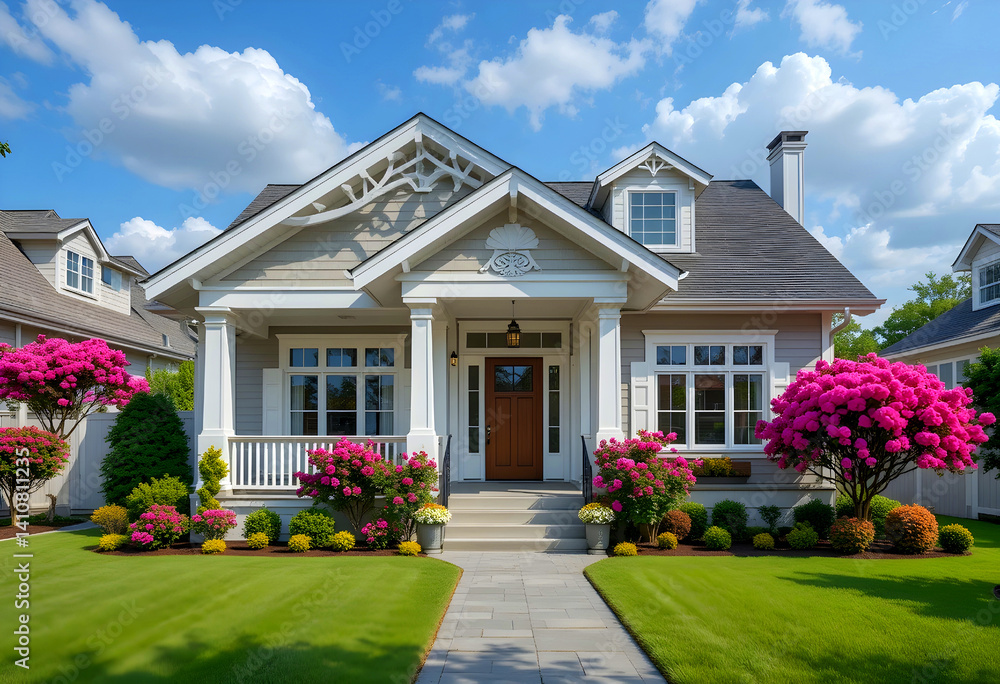 Fototapeta premium Small suburban bungalow with blooming rhododendrons and manicured lawn on a sunny day.