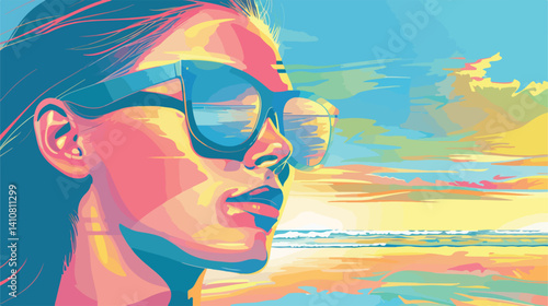 Professional Vector Illustration: Head Girl with Beach Reflection in Sunglasses - EPS
