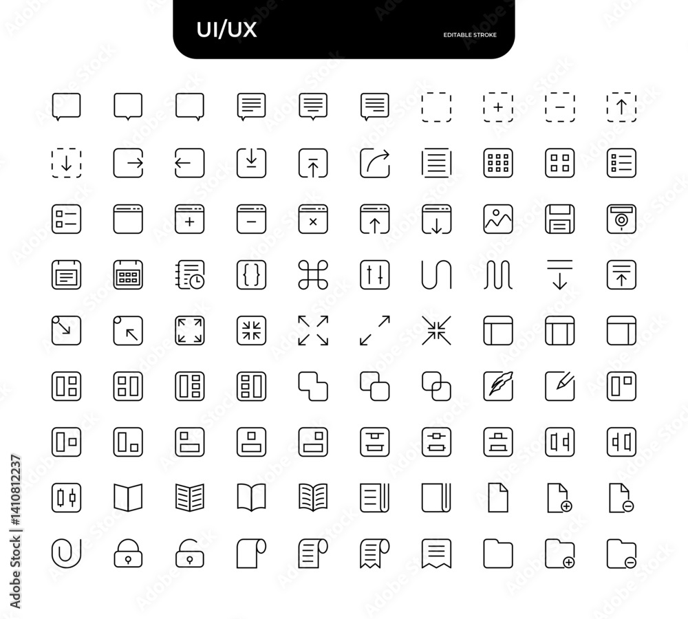 UI/UX Line Icon Pack – Editable Stroke. symbols for layout, navigation, coding, file systems, and editing tools, for UI/UX designers