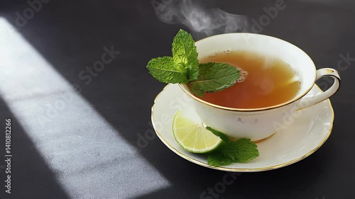 A steaming cup of tea garnished with mint leaves and a lime wedge on a dark surface.