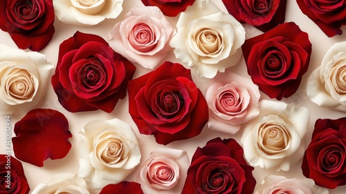 Red, white, and pink roses scattered on neutral surface, with few loose petals