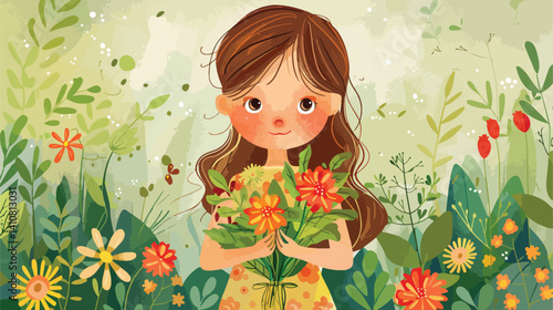 Professional Vector Illustration of a Little Girl Holding a Bouquet