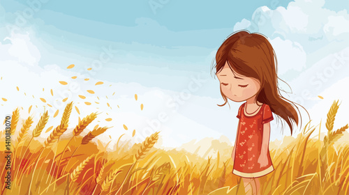 Illustration of a Little Girl Sad in a Wheat Field - Vector Art Depicting A Lonely and Troubled Child