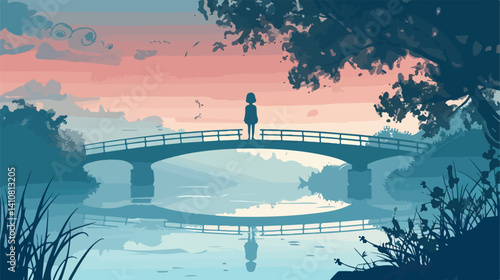 Professional Vector Illustration of a Little Girl Standing near a Bridge