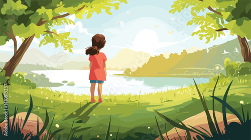 Professional Vector Illustration of a Little Girl Standing by the River