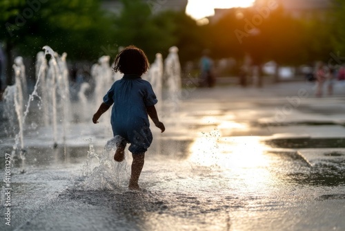 Child running through water fountain barefoot in sunlight, full of joy and carefree spirit.
