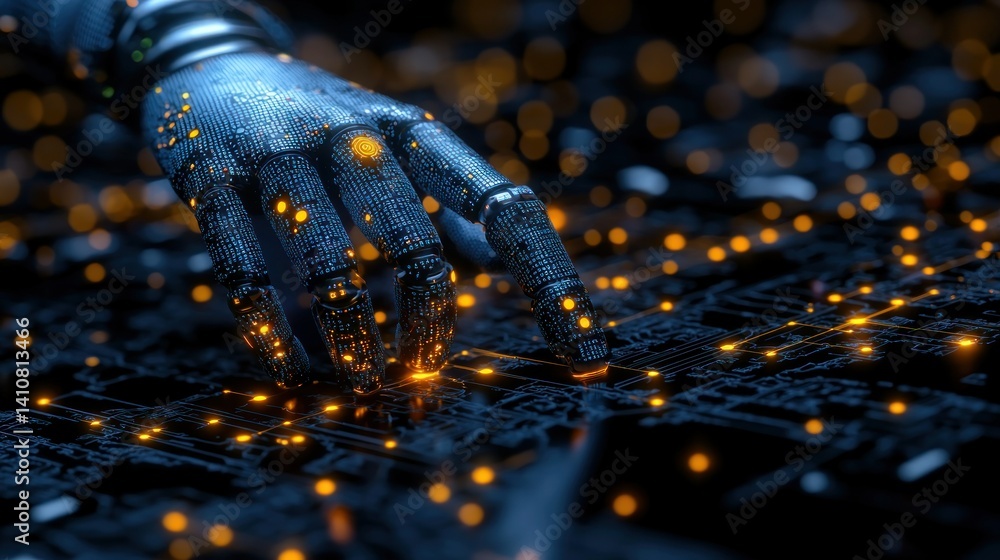 Robotic hand touches glowing circuit, emphasizing technology's intricate detail Robotic hand touches glowing circuit, emphasizing technology's intricate detail