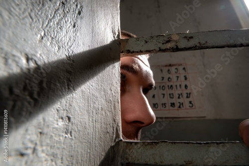 фотографія Man's face seen through weathered bars with a calendar in background, portraying captivity and imprisonment