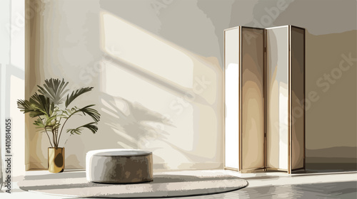 Professional vector illustration of modern ottoman and folding screen near light wall for interior design projects