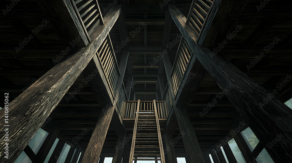 Dark Wooden Towering Staircase Structure Dark Wooden Towering Staircase Structure