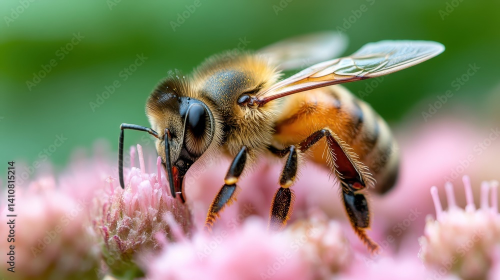 A vivid close-up of a bee harvesting nectar from a delicate pink flower, highlighting the essential role of pollinators in maintaining ecosystem balance and biodiversity. A vivid close-up of a bee harvesting nectar from a delicate pink flower, highlighting the essential role of pollinators in maintaining ecosystem balance and biodiversity.