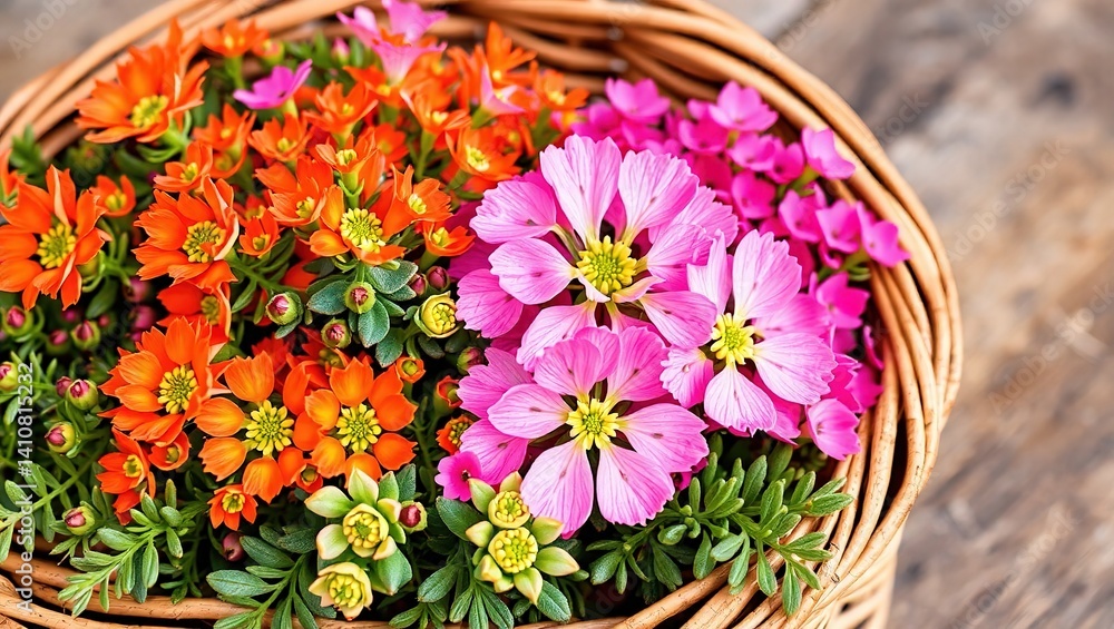 Obraz premium Woven Basket Filled with Orange and Pink Flowers, Copy Space