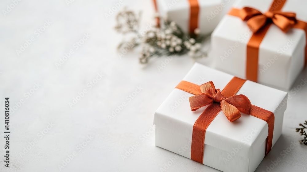 Stylish white gift boxes wrapped with eye-catching orange ribbons represent the essence of celebration, joy, and memorable moments, perfect for gifting loved ones. Stylish white gift boxes wrapped with eye-catching orange ribbons represent the essence of celebration, joy, and memorable moments, perfect for gifting loved ones.