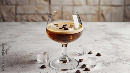 A stylish glass of coffee cocktail with ice and coffee beans, set on a textured surface.