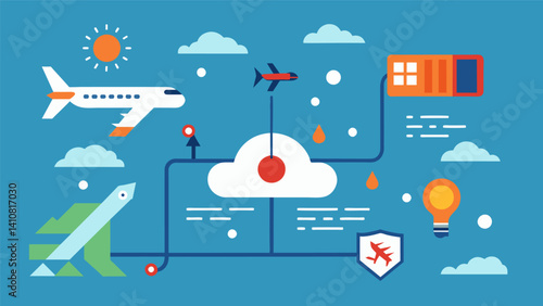 An algorithm determining the most fuelefficient route for a flight taking into account weather conditions and air traffic patterns.. Vector illustration