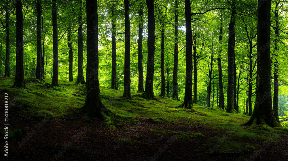 Naklejka premium A serene forest landscape showcasing vibrant green foliage and tall trees
