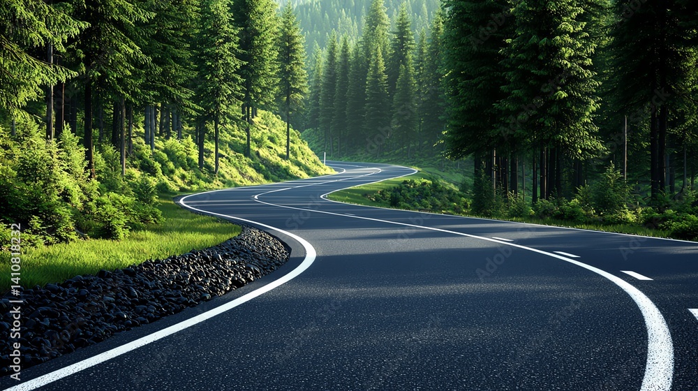Obraz premium A serene winding road surrounded by lush greenery and tall trees, inviting travelers to explore the tranquil landscape. Perfect for promoting adventure and nature escapes.
