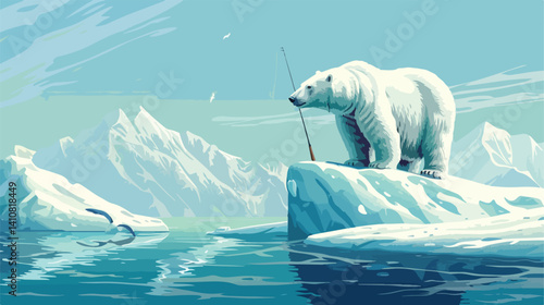 Professional Polar Bear Fishing on an Ice Floe Vector Illustration for Wildlife and Nature Themes