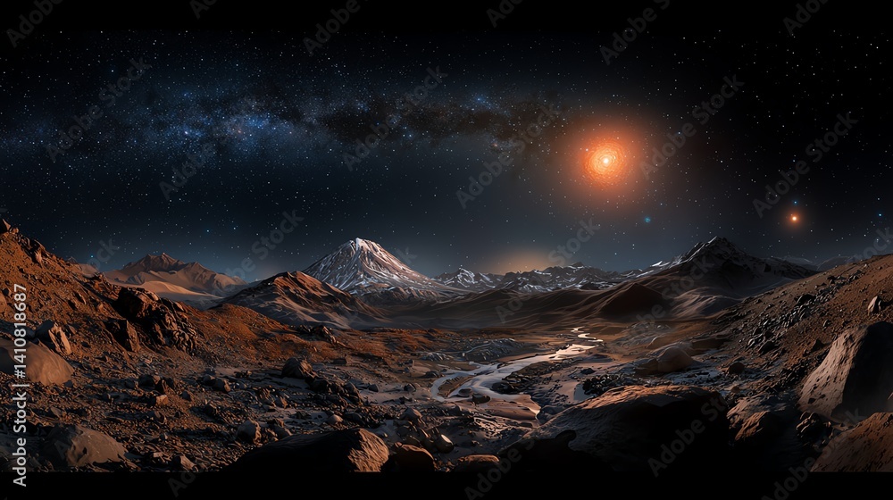 A breathtaking view of an alien landscape illuminated by distant stars and a vibrant celestial sky A breathtaking view of an alien landscape illuminated by distant stars and a vibrant celestial sky