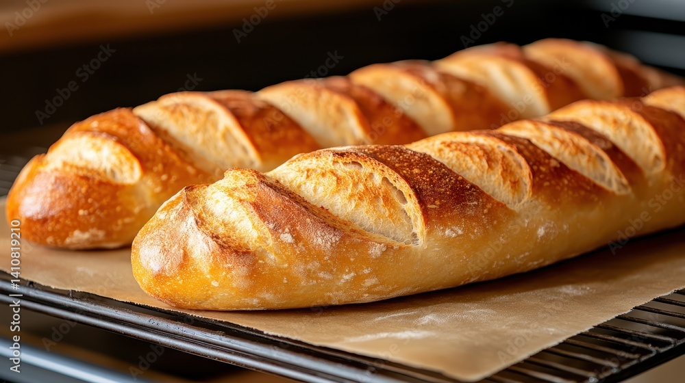 A freshly baked baguette cooling on a bakery rack, showcasing its golden crust and delightful texture, perfect for culinary and food-related themes. A freshly baked baguette cooling on a bakery rack, showcasing its golden crust and delightful texture, perfect for culinary and food-related themes.
