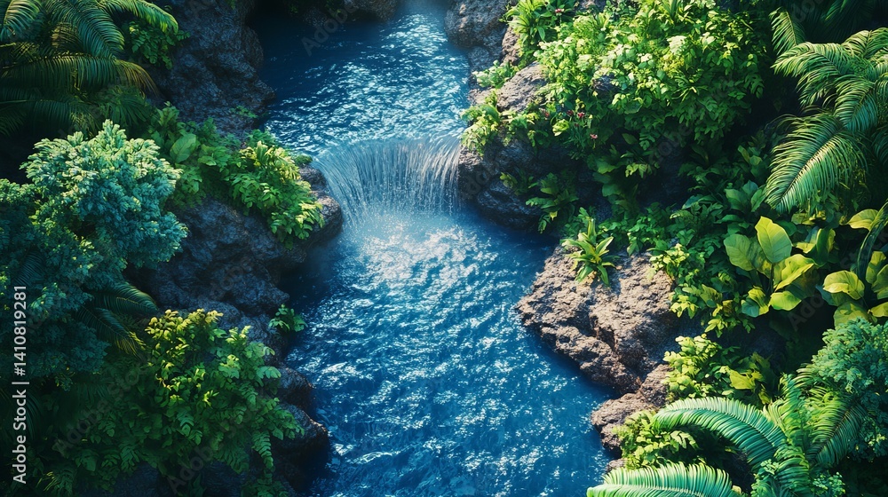 Serene tropical waterfall scene lush green foliage blue water rocks paradise calm view river flora Serene tropical waterfall scene lush green foliage blue water rocks paradise calm view river flora
