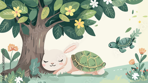 Vivid Contrast in Nature: Sleeping Rabbit under Tree while Turtle Runs - EPS Image