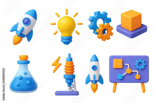 3D icon set of innovation lab: rocket icon, lightbulb burst, gears in motion, prototype, experiment flask, spark plug, launchpad, innovation board.