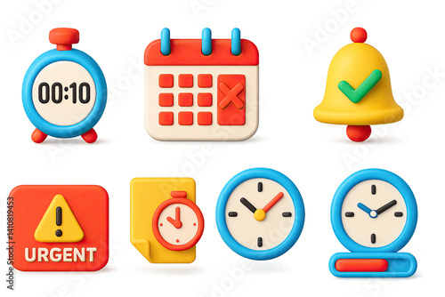 Obraz na płótnie 3D icon set of deadline tracking: countdown timer, wall calendar, task clock, deadline bell, urgent label, last-minute note, time icon, progress bar. w salonie